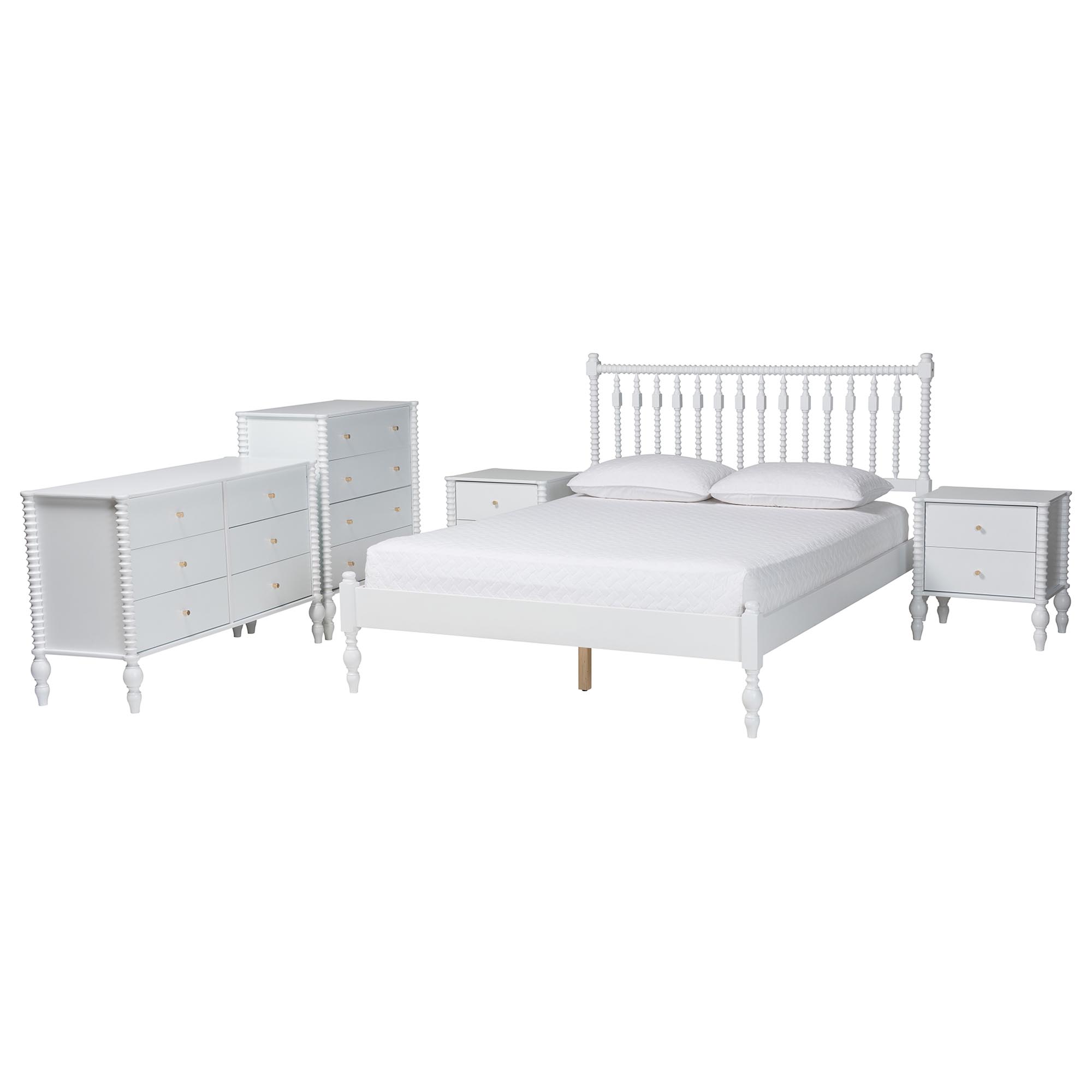 Baxton Studio Callison Spindle 5-Piece Bedroom Set - Farmhouse Platform Bed with Matching Dresser, Chest, and 2-Drawer Nightstands, White, Queen
